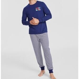 Macys Pajama Set Mens Small Navy JOLLY VIBES Holiday Festive Lounge Comfy Cozy